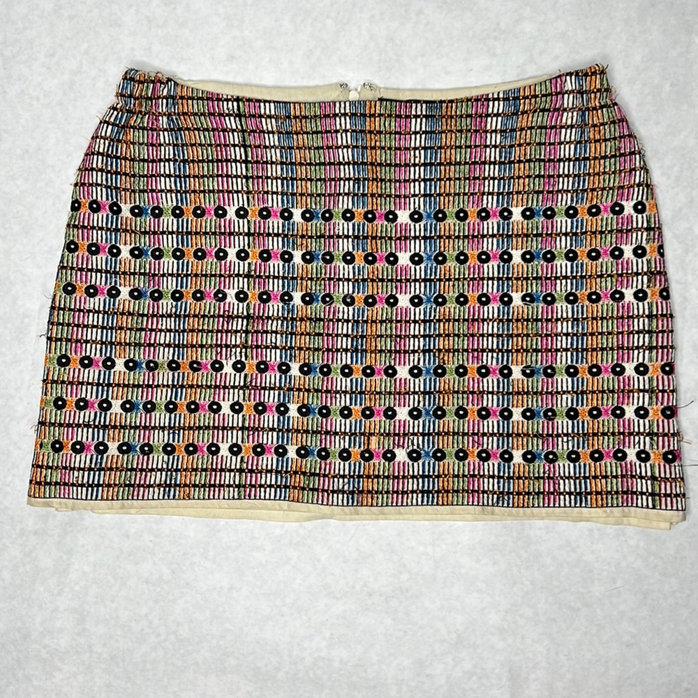 Gryphon Mini Skirt MEDIUM Embroidered Stripe Eyelash Fringe Sequined Zip